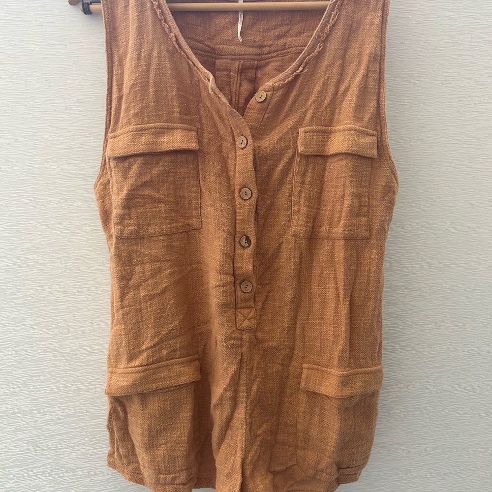 Free People Button-Front Sleeveless Romper in Warm Rust